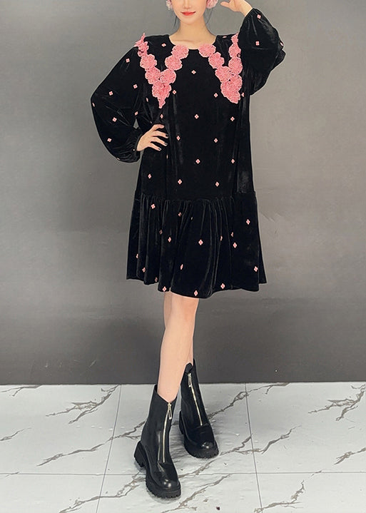 French Black Wrinkled Patchwork Jacquard Velour Dress Fall