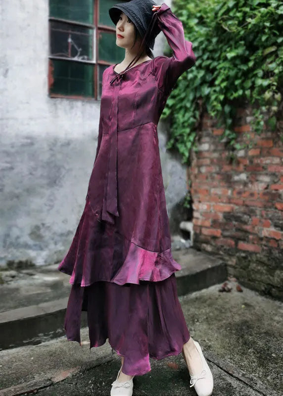 Maroon Asymmetrical Design Patchwork Ruffles Chiffon Dress Long Sleeve