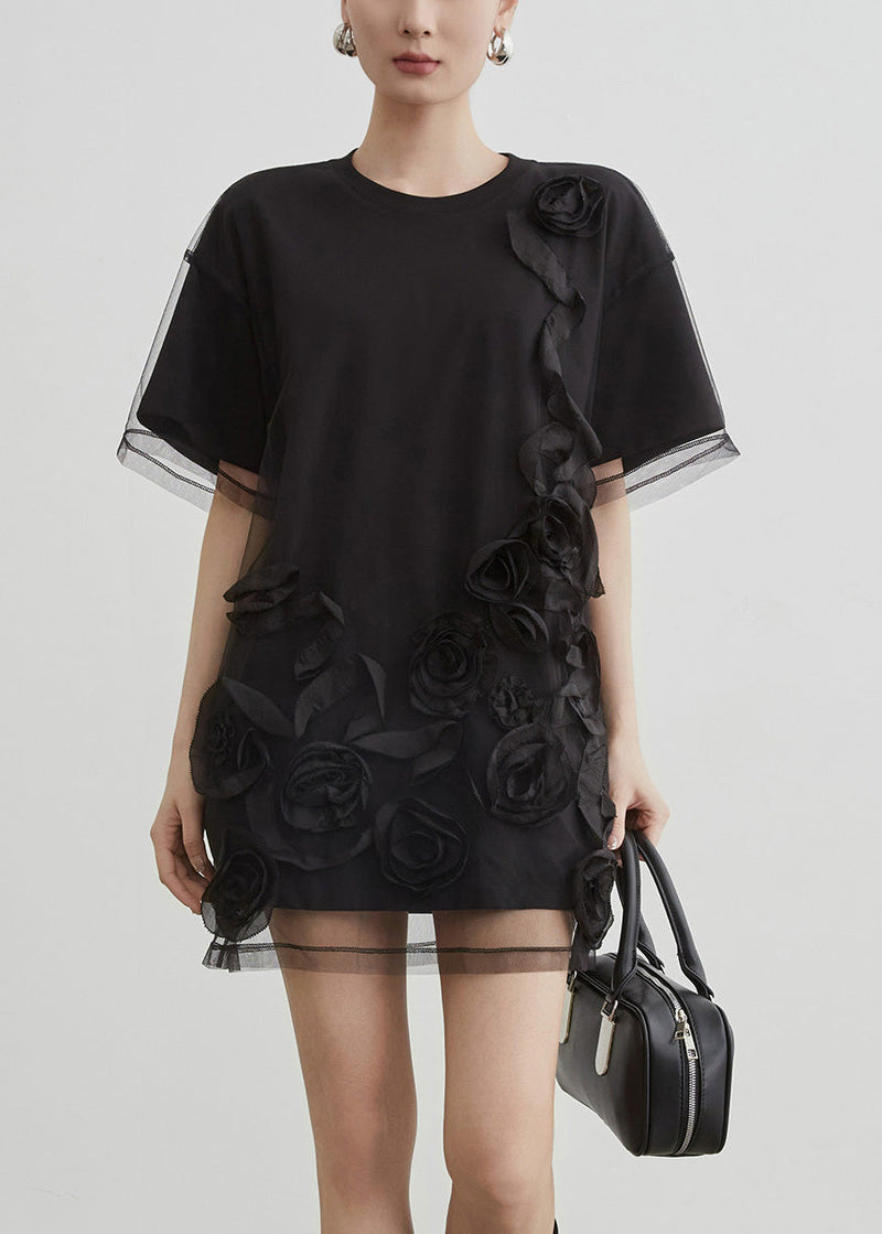 Art Black O Neck Tulle Patchwork T Shirts Summer