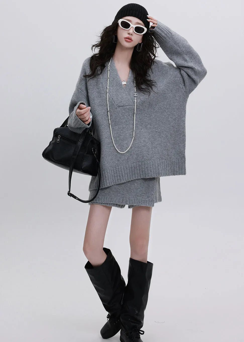 Natural Grey Oversized Warm Knit Sweater and Skirt Two-piece Set Winter