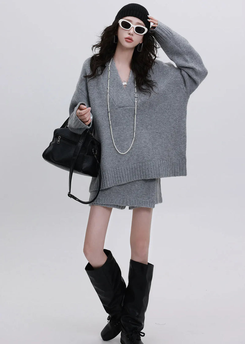 Natural Grey Oversized Warm Knit Sweater and Skirt Two-piece Set Winter
