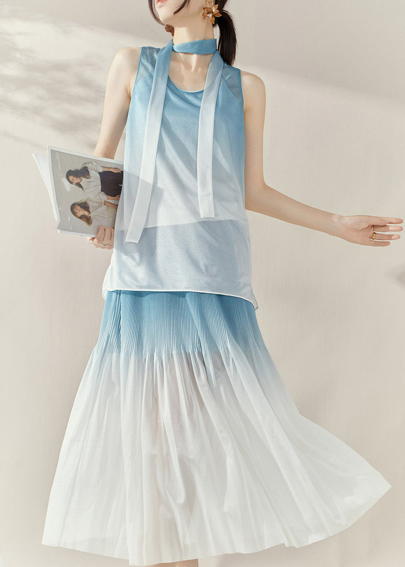 Gradient Color Blue O-neck Silk Cotton Top and Maxi Skirts Two Pieces Set Summer
