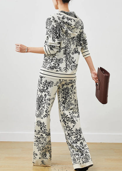 Style White Hooded Print Knit Sets 2 Pieces Spring