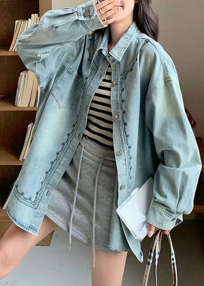 Blue Peter Pan Collar Patchwork Button Denim Shirt Fall