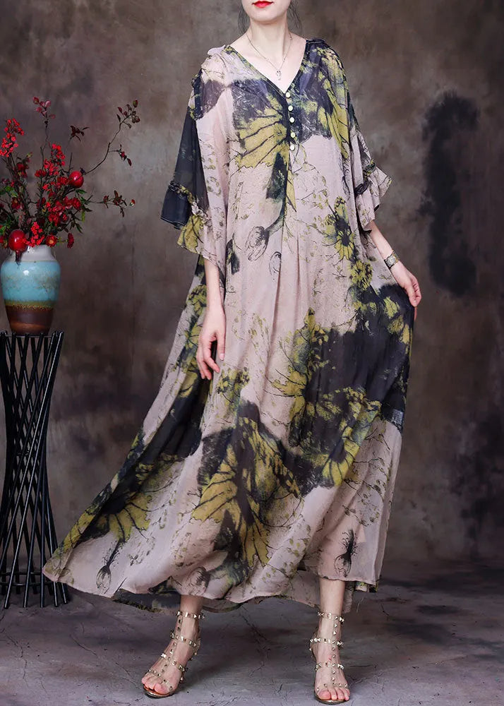 Natural Yellow V Neck Print Chiffon Long Dress and Cotton Spaghetti Strap Dress Sets 2 Pieces Half Sleeve