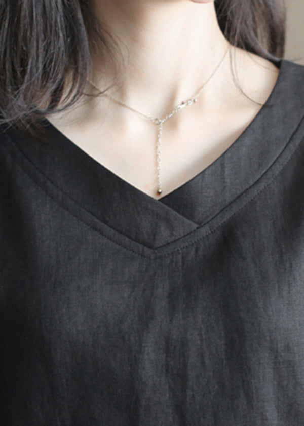 French Black V Neck Side Open Linen Tank Tops Half Sleeve