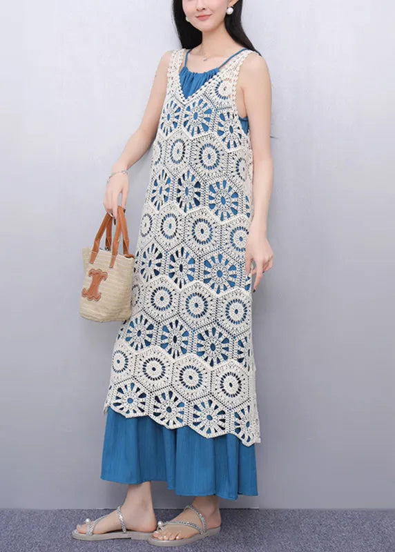 V Neck Hollow Out Long Spaghetti Strap Dress Two Pieces Set Sleeve