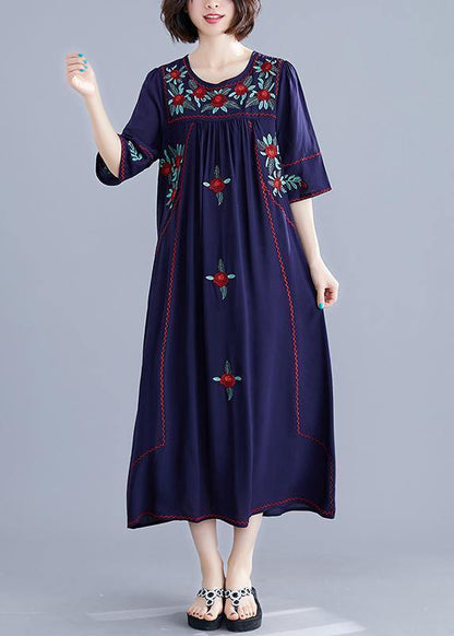Handmade Navy Embroidery Cotton Clothes for O Neck Cinched Cotton Robes Summer Dress