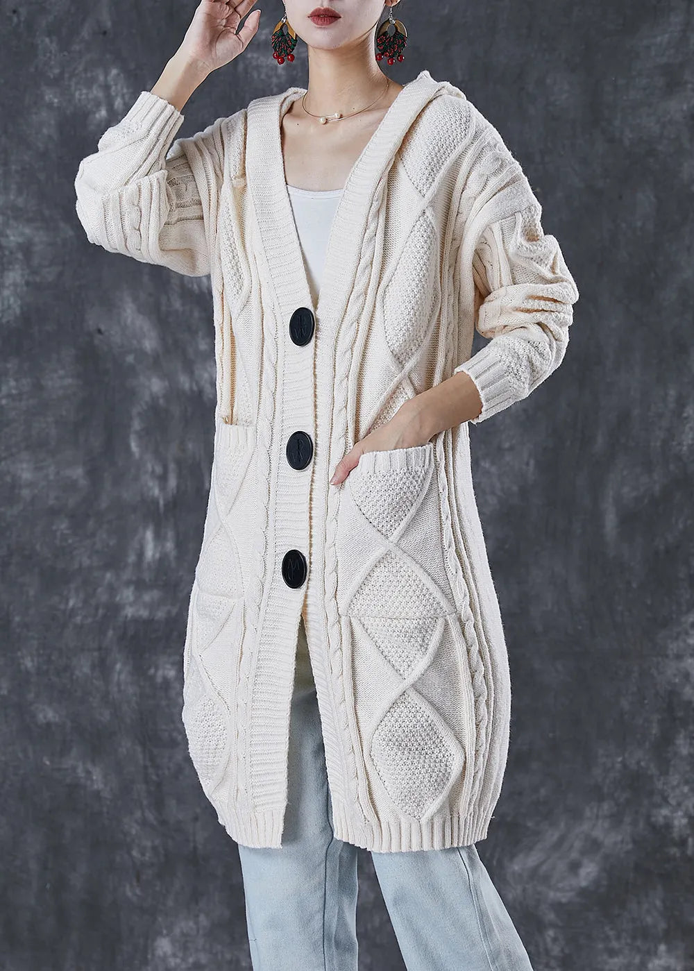 Stylish White Hooded Pockets Cable Knit Coats Winter