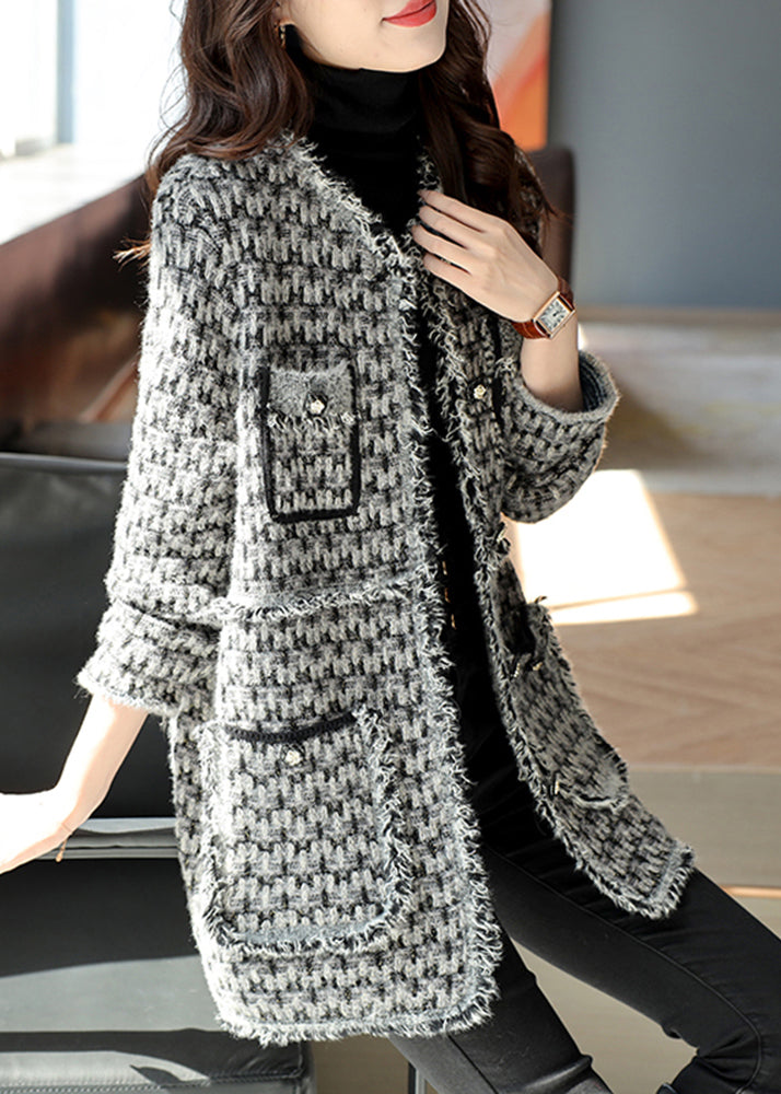 Black Tasseled Plaid Cotton Coats Spring