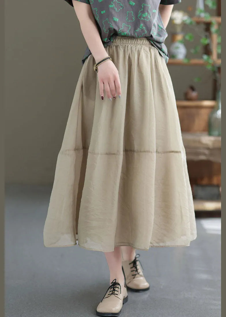 Khaki Elastic Waist Patchwork Organza Skirts Spring