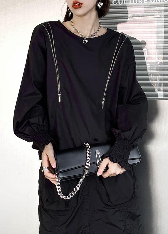 Black O-neck Zippered Fall Top Long Sleeve