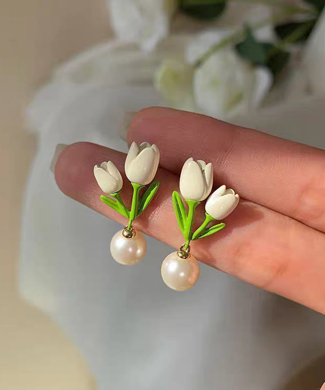 White Sterling Silver Alloy Pearl Tulip Stud Earrings