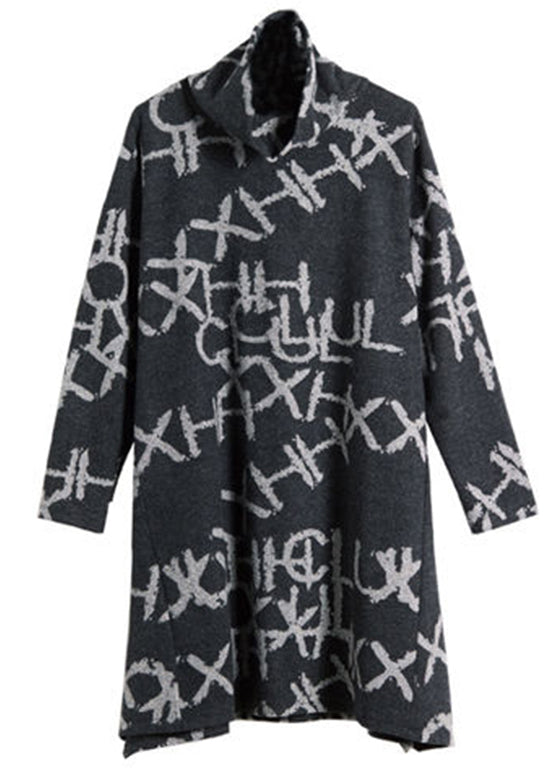 Black Turtleneck Alphabet Print Warm Fleece Thick Cotton Pullover Fall