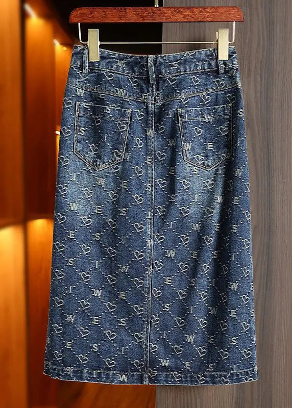 Blue Print Patchwork High Waist Denim a Line Skirt Summer