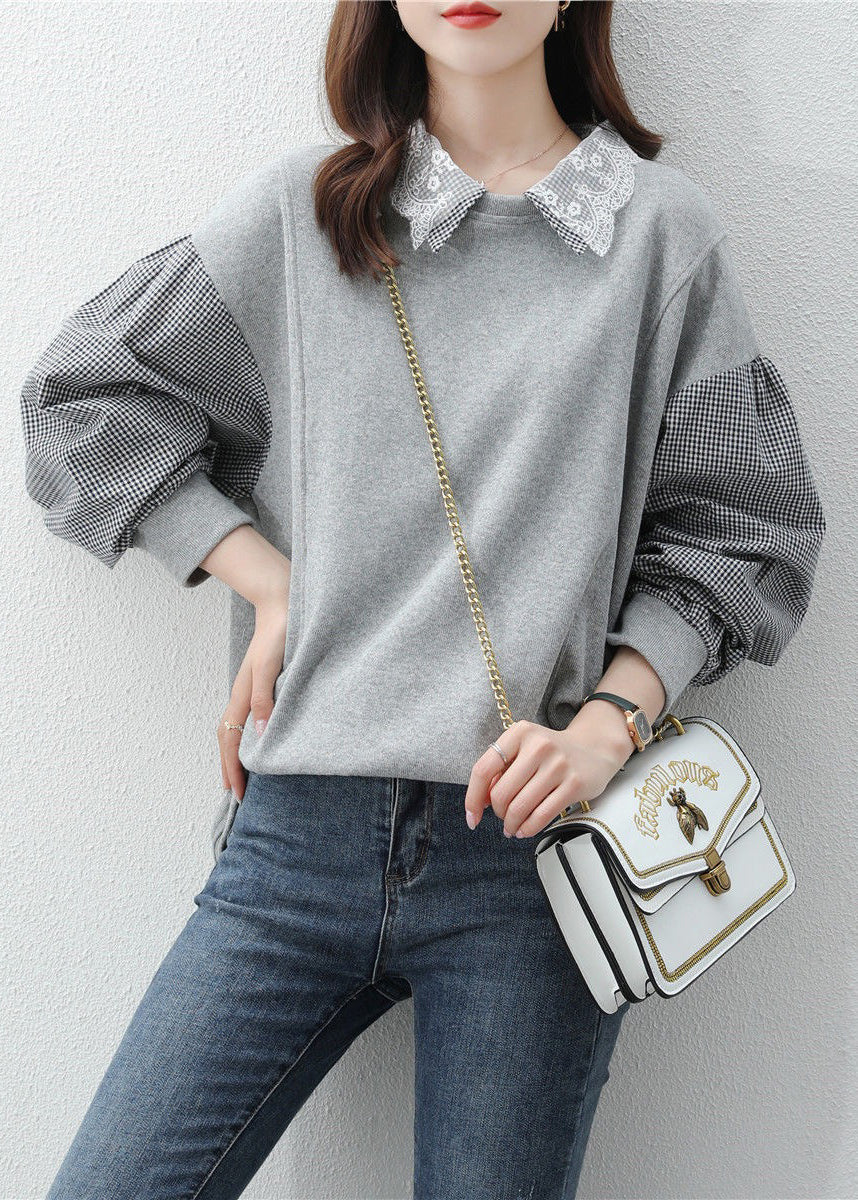 Black Peter Pan Collar Patchwork False Two Pieces Cotton Sweatshirt Fall