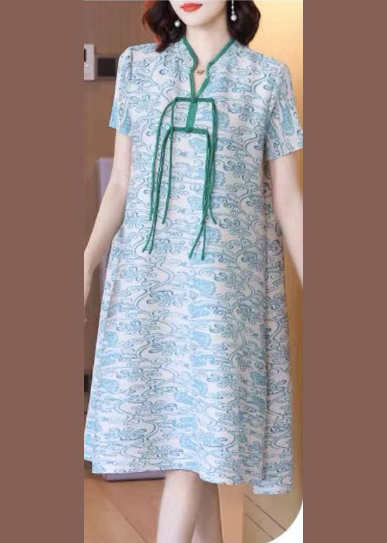Art Green Print Stand Collar Silk Holiday Dress Short Sleeve