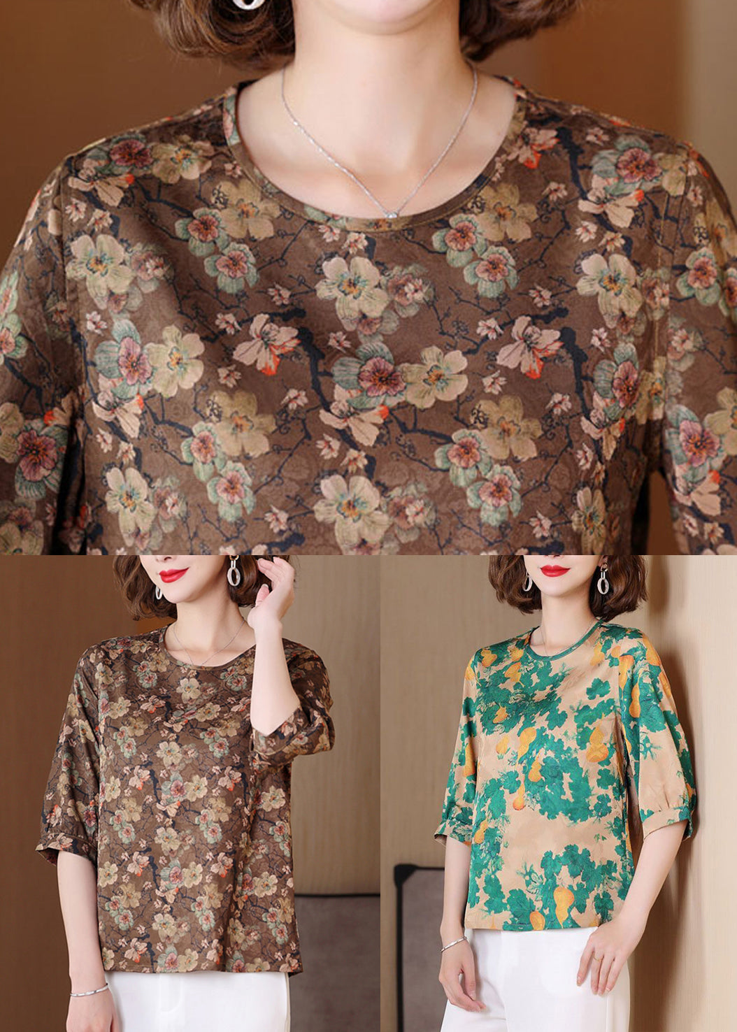 Green Print Wear on Both Sides Blouse Tops O Neck Half Sleeve