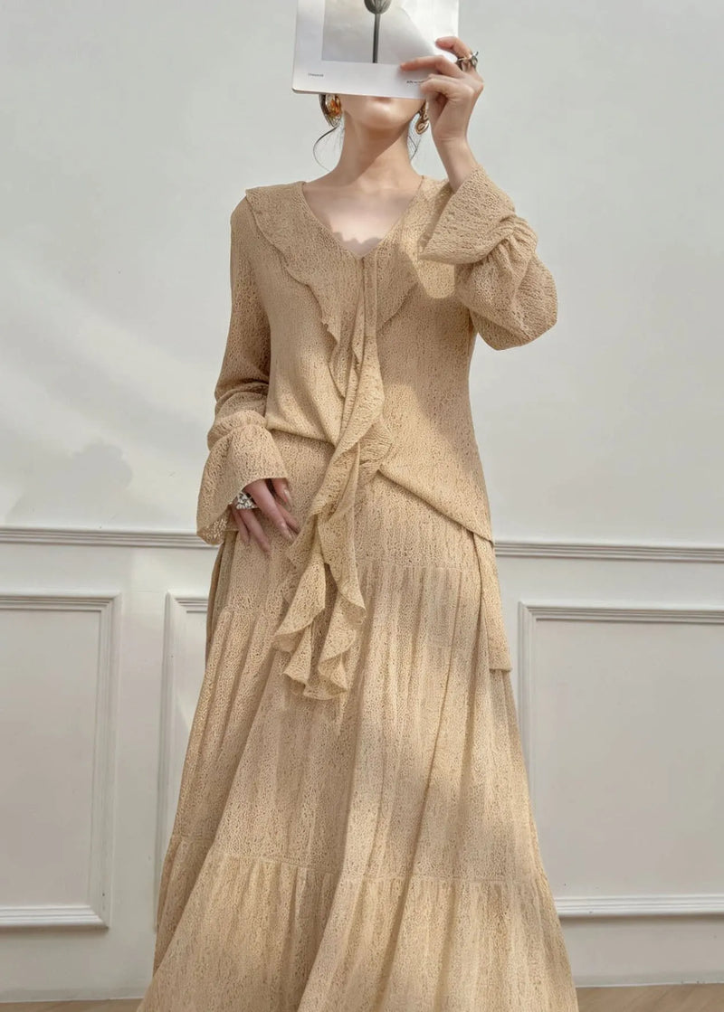 Fine Ruffled Top and Skirts Cotton Two Pieces Set Spring