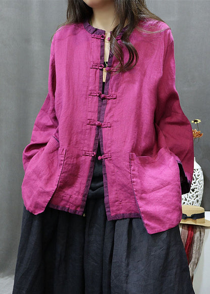 Retro Green O-neck Patchwork Button Side Open Shirts Long Sleeve