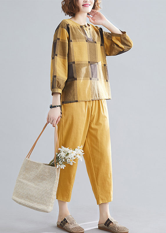 Art Yellow O-neck Plaid Cotton Two Pieces Set Spring