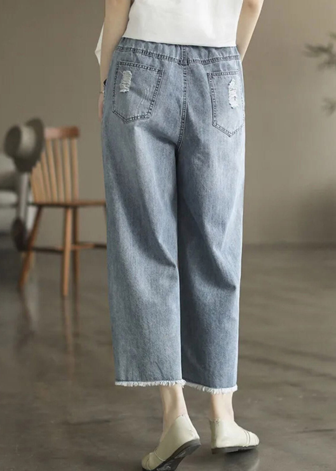 Light Blue Embroidered Pockets Patchwork Crop Jeans Summer