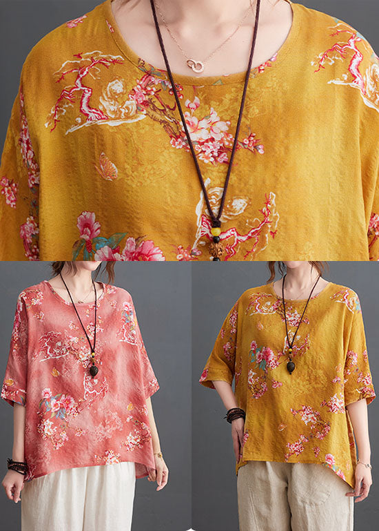 Yellow O-neck Print Linen Tank Tops Half Sleeve