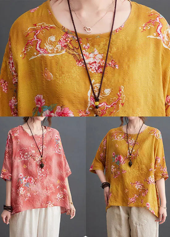 Pink Print Linen Loose Tank O-neck Low High Design Half Sleeve