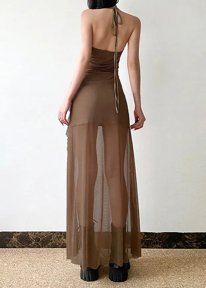 Brown Side Open Silm Fit Tulle Halter Dress Summer