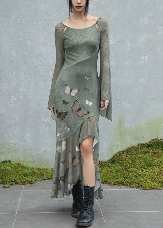 Original Design Green O-neck Butterfly Tulle Maxi Dresses Flare Sleeve