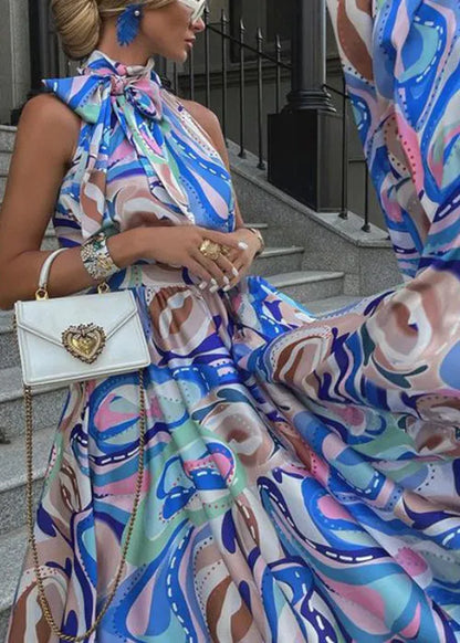 Blue Bow Print High Waist Cotton Maxi Dress Summer