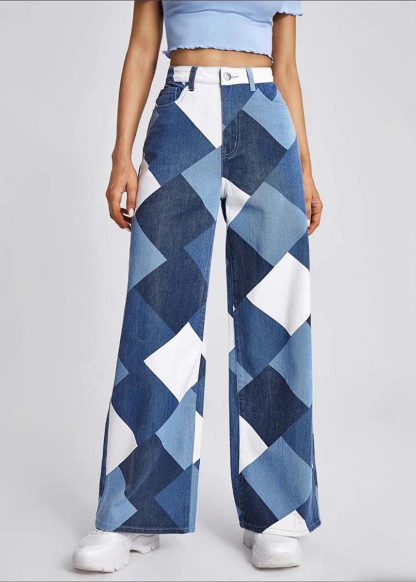 Blue Oversized Plaid Denim Straight Pants Summer