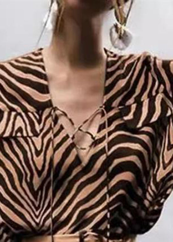 Zebra Print V-neck Lace-up Lantern Sleeve Shirt