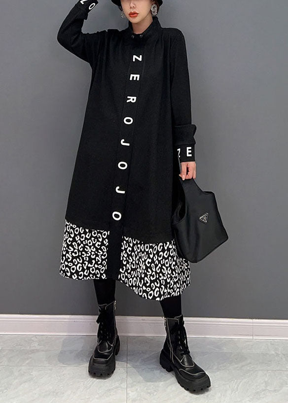 Black Stand Collar Patchwork Print Cotton Vacation Dresses Spring