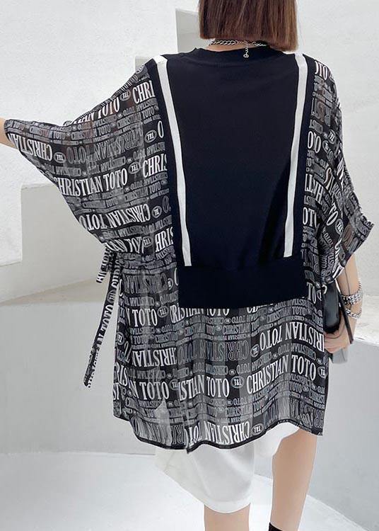 Black Patchwork Graphic Tie Waist Blouse Tops Summer