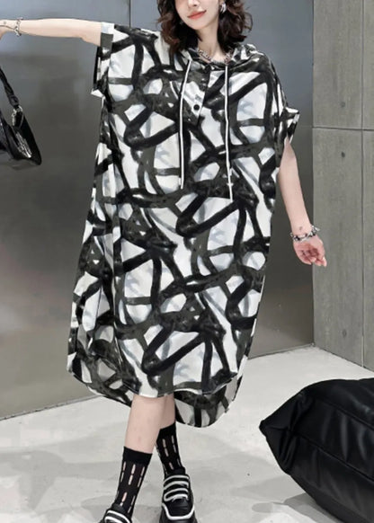 Black Hooded Print Patchwork Silk Cotton Long Dress Summer