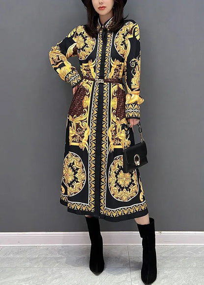Yellow Print Peter Pan Collar Cotton Shirt Dresses Fall