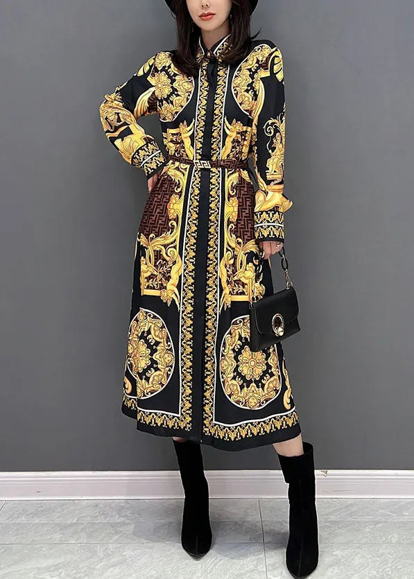 Yellow Print Peter Pan Collar Cotton Shirt Dresses Fall
