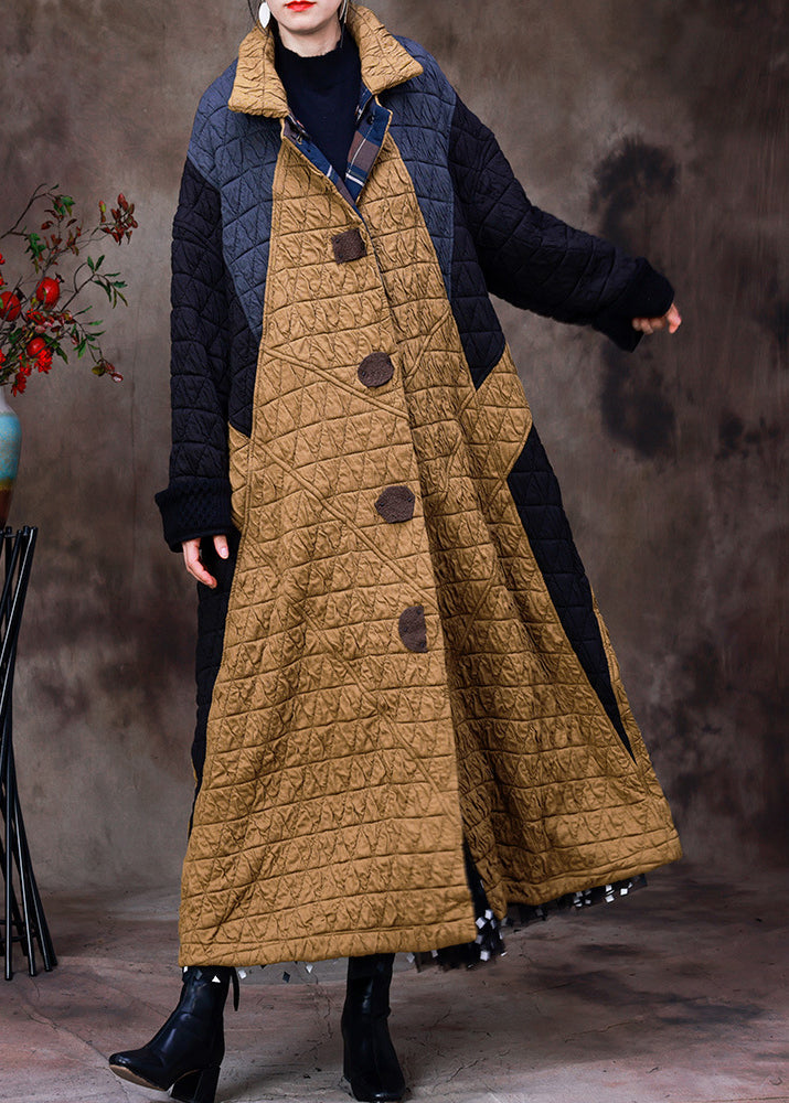 Yellow Stand Collar Patchwork Button Removable Cotton Maxi Coats Long Sleeve