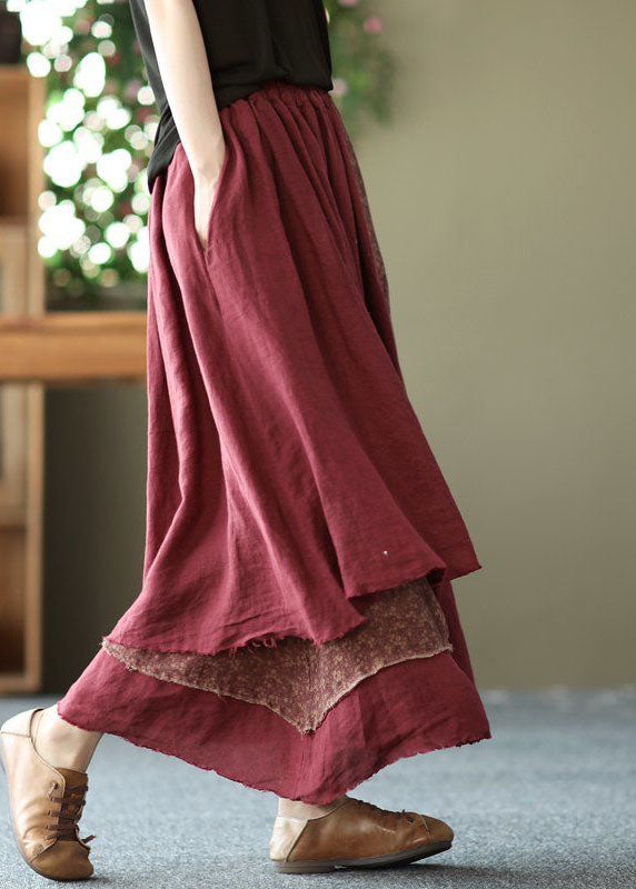 Brick Red Print Asymmetrical Patchwork Cotton Skirt Spring