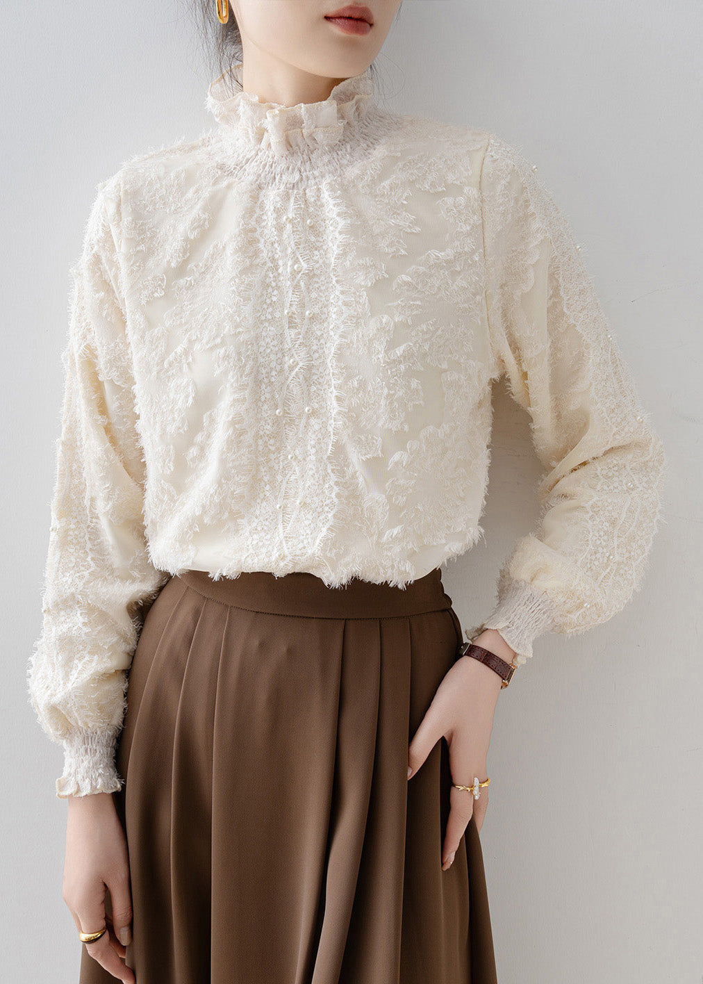 Beige Stand Collar Warm Fleece Blouse Tops Winter