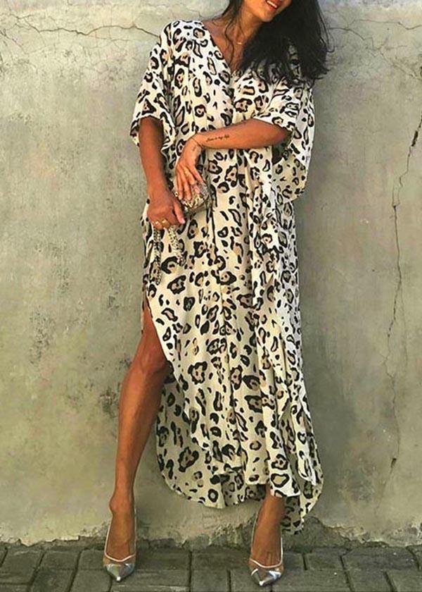 Art Leopard Tie Waist Cotton Dress Summer Beach Gown