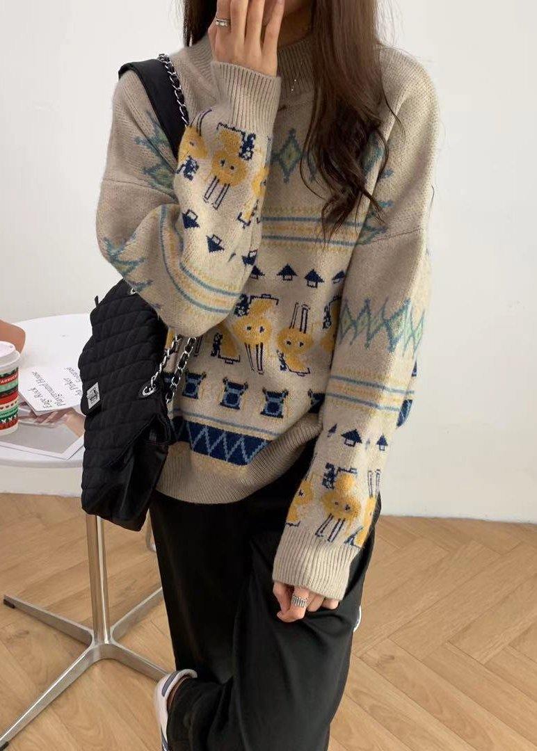 Black Rabbit Pattern Knit Sweat Tops High Neck Sweater Tops
