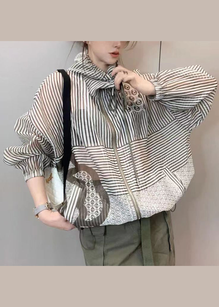 Hooded Drawstring Striped Jackets Summer