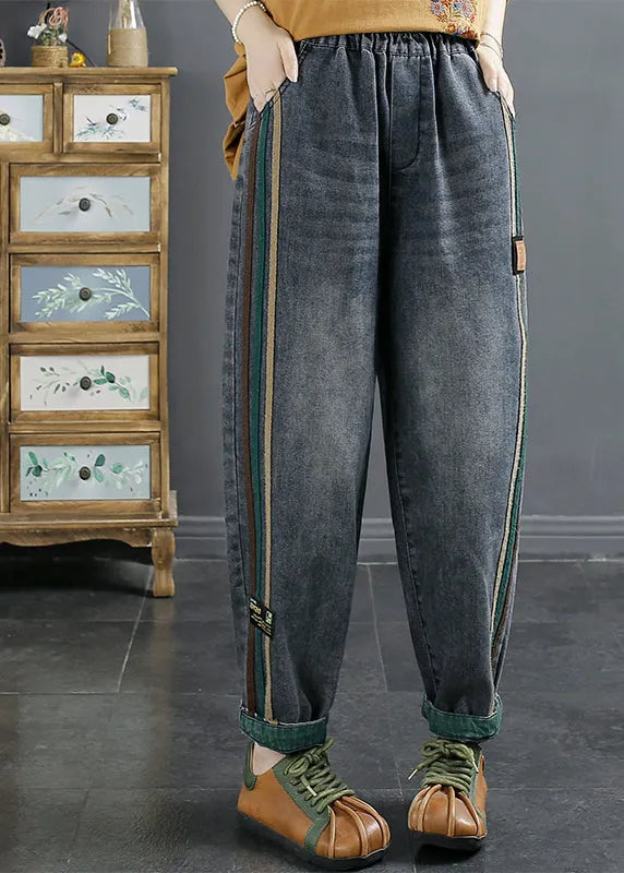 Blue Pockets Patchwork Denim Pants Fall