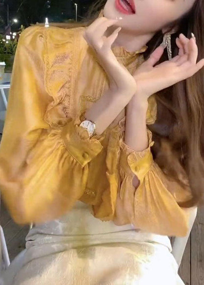 Organic Yellow Stand Collar Button Ruffled Tops Lantern Sleeve
