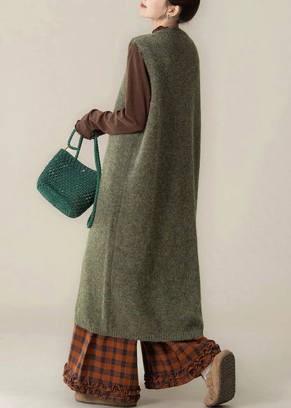 Style Green O-neck Cotton Knit Long Sweaters Dress ,top and Wide Leg Pants Three Pieces Set Sleeveless