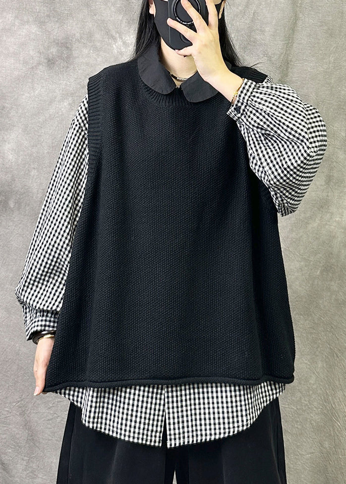 Cozy Black O Neck Knit Vest Tops Sleeveless