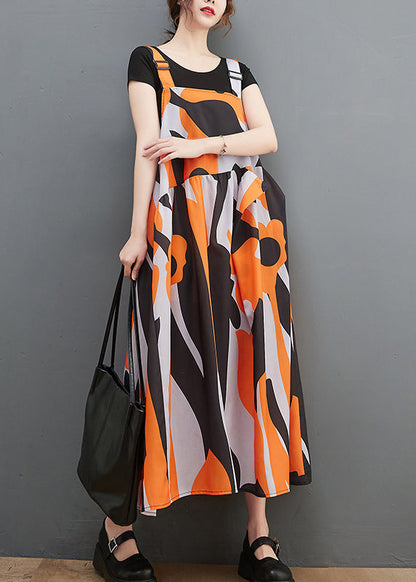 Orange Print Patchwork Long Spaghetti Strap Dresses Ruffles Summer