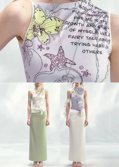 French White Green Print Long Dresses Sleeveless